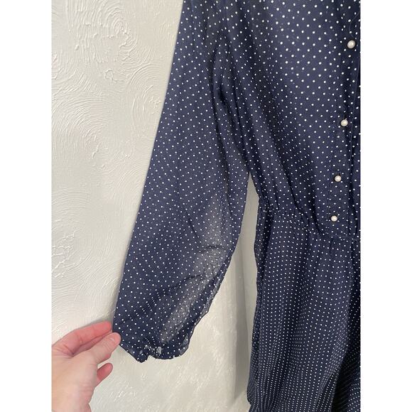 Vintage Womens Sheer Blue/White Polka Dot Midi Dress Size 14 Pearl Button - Picture 6 of 7